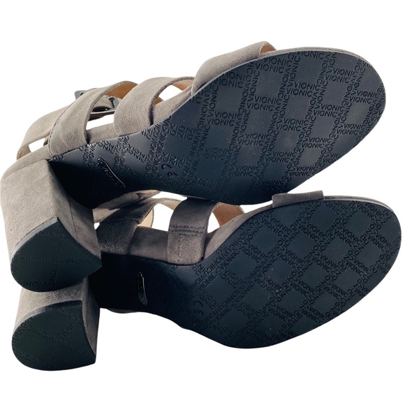 NEW Vionic Blaire Gray Suede Leather Peep Toe Block Heel Sandals - Picture 9 of 13